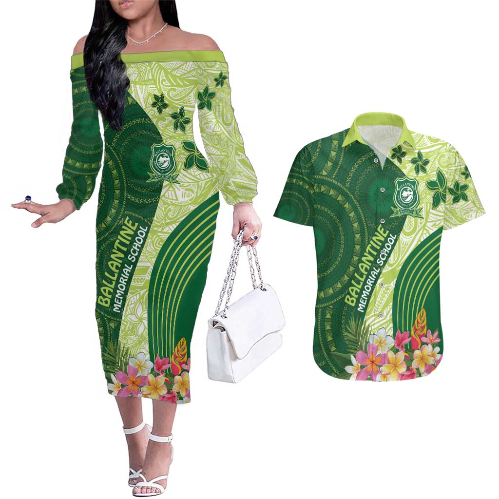 Fiji Ballantine Memorial High School Personalised Couples Matching Off The Shoulder Long Sleeve Dress and Hawaiian Shirt Masi Tapa Mix Plumeria LT7 Green - Polynesian Pride