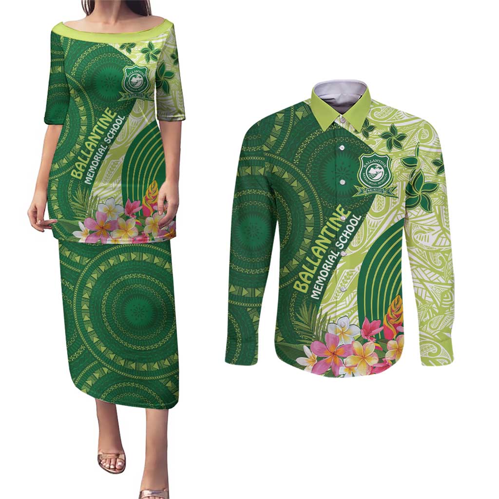 Fiji Ballantine Memorial High School Personalised Couples Matching Puletasi and Long Sleeve Button Shirt Masi Tapa Mix Plumeria