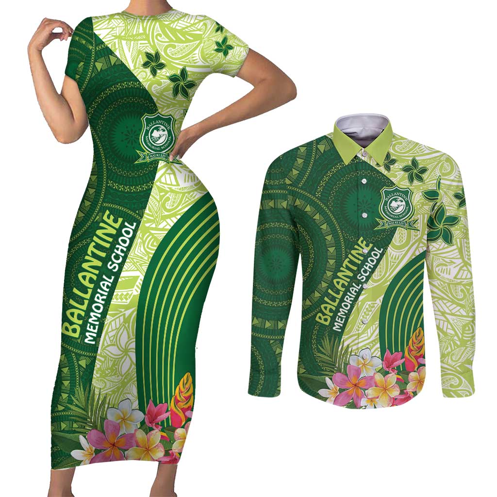 Fiji Ballantine Memorial High School Personalised Couples Matching Short Sleeve Bodycon Dress and Long Sleeve Button Shirt Masi Tapa Mix Plumeria LT7 Green - Polynesian Pride