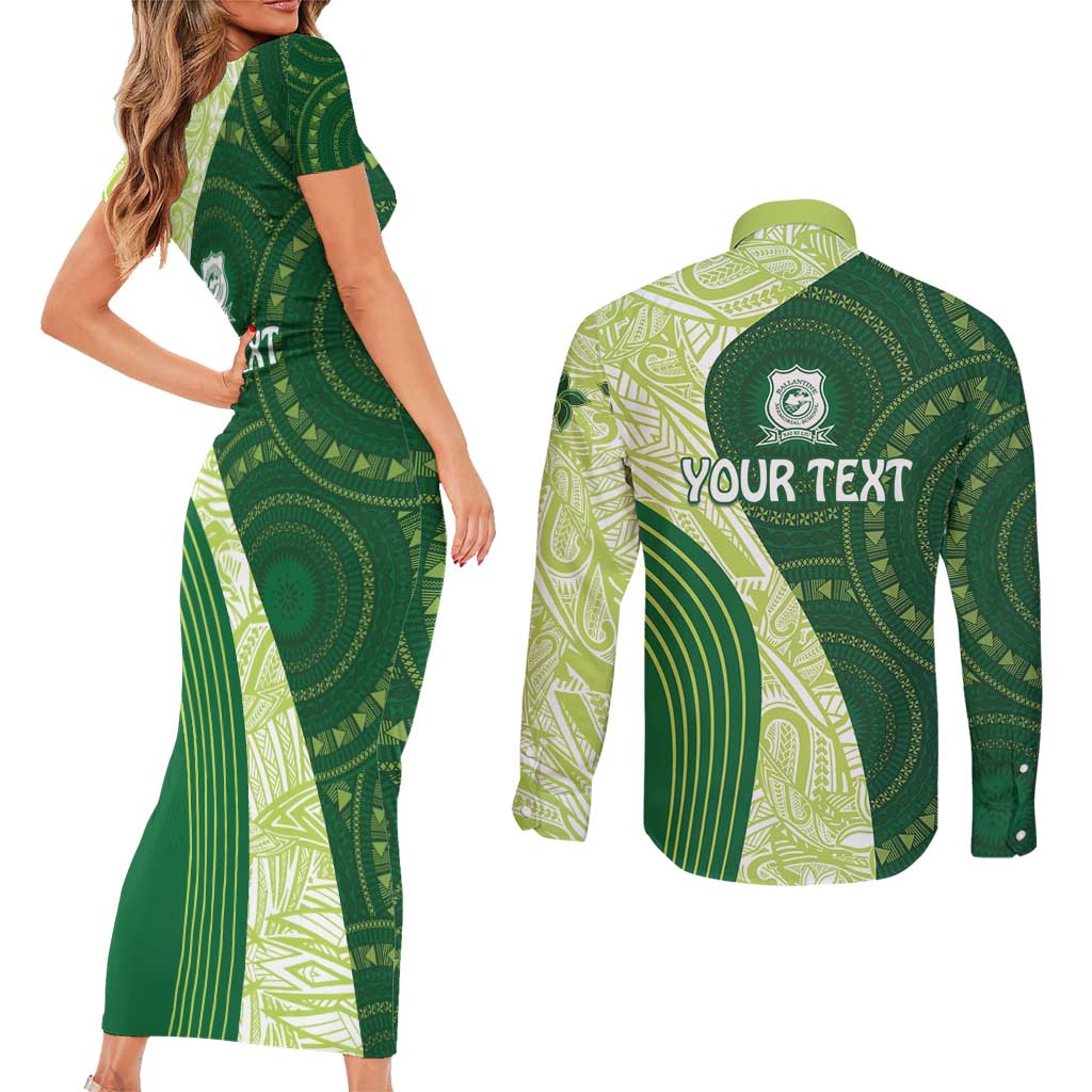 Fiji Ballantine Memorial High School Personalised Couples Matching Short Sleeve Bodycon Dress and Long Sleeve Button Shirt Masi Tapa Mix Plumeria LT7 - Polynesian Pride