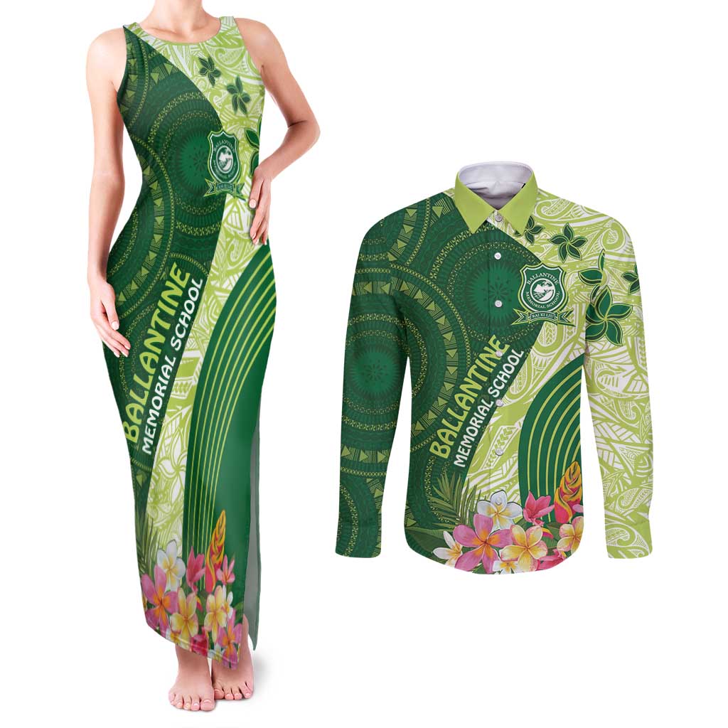 Fiji Ballantine Memorial High School Personalised Couples Matching Tank Maxi Dress and Long Sleeve Button Shirt Masi Tapa Mix Plumeria LT7 Green - Polynesian Pride