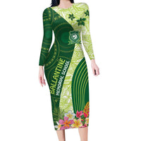 Fiji Ballantine Memorial High School Personalised Family Matching Long Sleeve Bodycon Dress and Hawaiian Shirt Masi Tapa Mix Plumeria LT7 Mom's Dress Green - Polynesian Pride