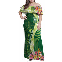 Fiji Ballantine Memorial High School Personalised Family Matching Off Shoulder Maxi Dress and Hawaiian Shirt Masi Tapa Mix Plumeria LT7 Mom's Dress Green - Polynesian Pride