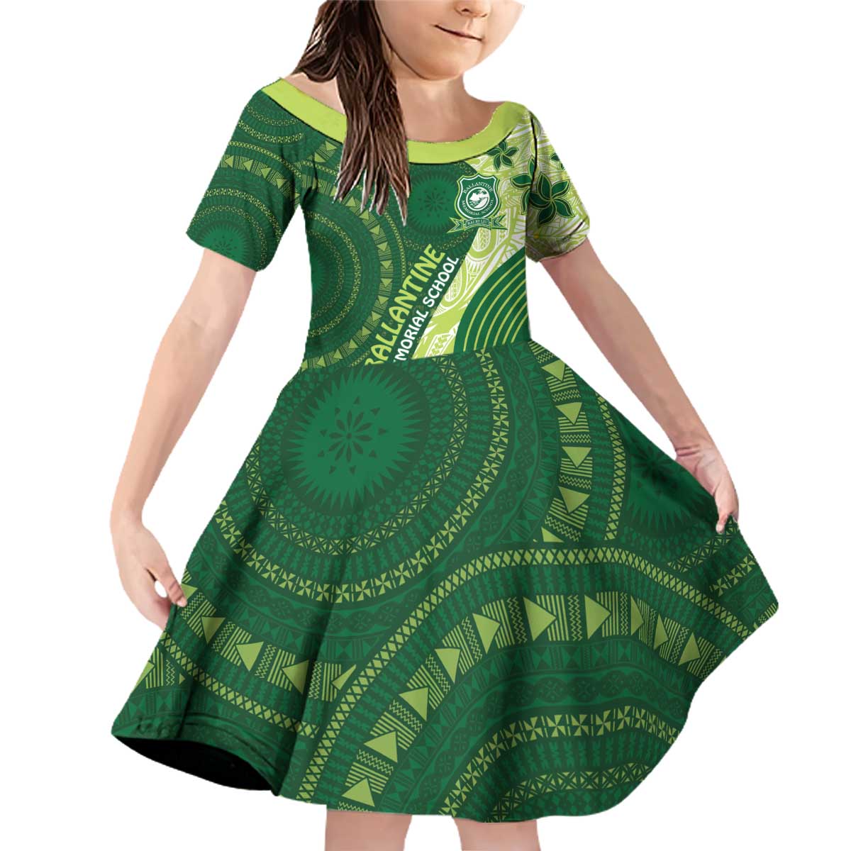 Fiji Ballantine Memorial High School Personalised Family Matching Off Shoulder Short Dress and Hawaiian Shirt Masi Tapa Mix Plumeria LT7 Daughter's Dress Green - Polynesian Pride