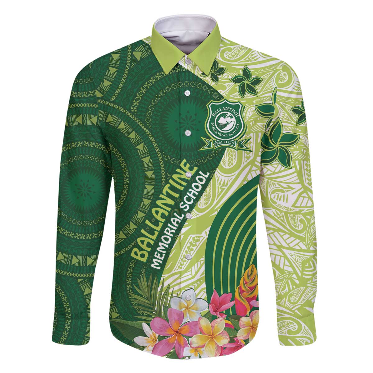 Fiji Ballantine Memorial High School Personalised Family Matching Off Shoulder Short Dress and Hawaiian Shirt Masi Tapa Mix Plumeria LT7 Dad's Shirt - Long Sleeve Green - Polynesian Pride