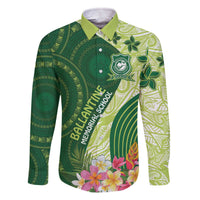 Fiji Ballantine Memorial High School Personalised Family Matching Off Shoulder Short Dress and Hawaiian Shirt Masi Tapa Mix Plumeria LT7 Dad's Shirt - Long Sleeve Green - Polynesian Pride