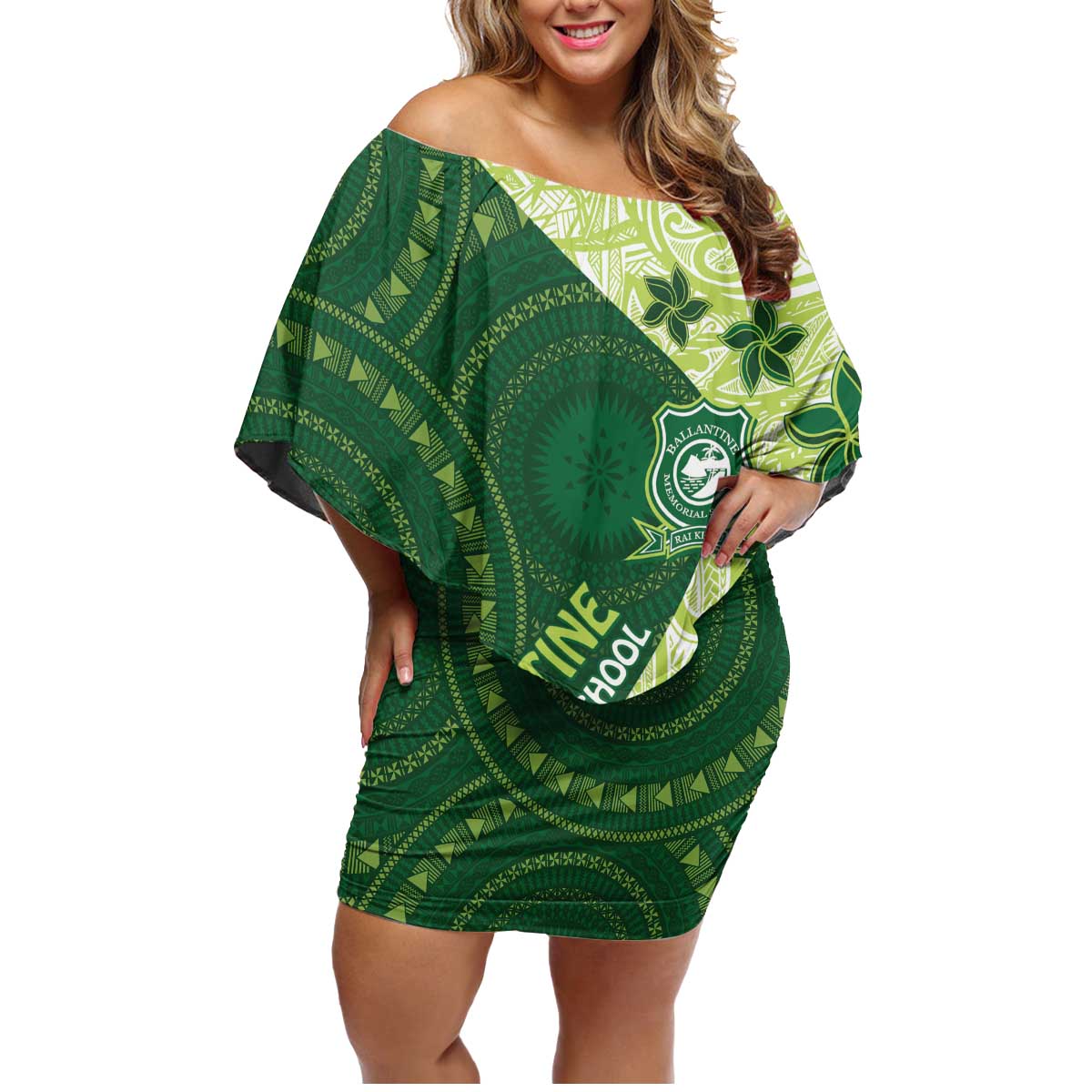 Fiji Ballantine Memorial High School Personalised Family Matching Off Shoulder Short Dress and Hawaiian Shirt Masi Tapa Mix Plumeria LT7 Mom's Dress Green - Polynesian Pride