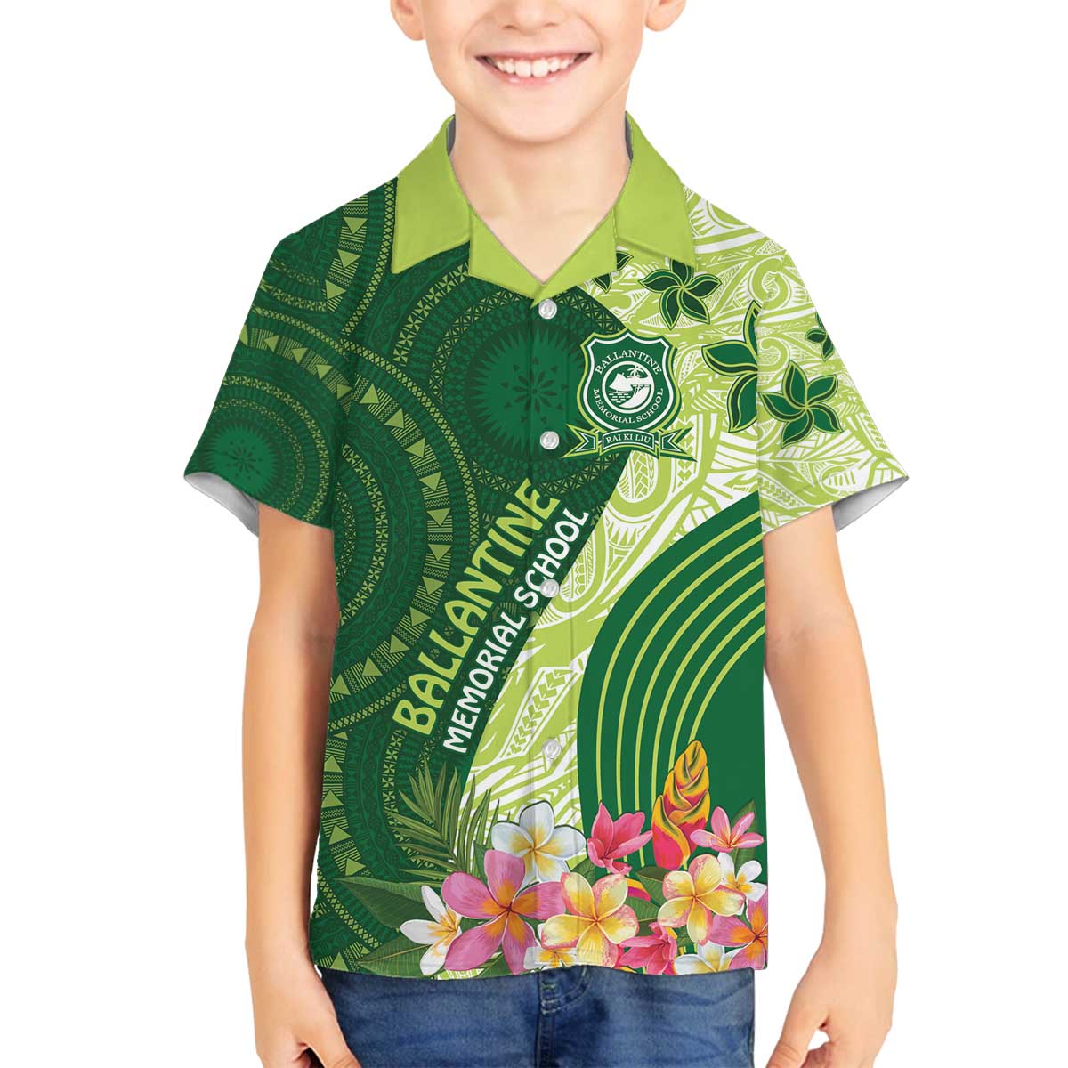 Fiji Ballantine Memorial High School Personalised Family Matching Off Shoulder Short Dress and Hawaiian Shirt Masi Tapa Mix Plumeria LT7 Son's Shirt Green - Polynesian Pride