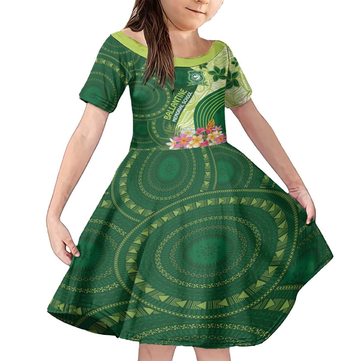 Fiji Ballantine Memorial High School Personalised Family Matching Puletasi and Hawaiian Shirt Masi Tapa Mix Plumeria LT7 Daughter's Dress Green - Polynesian Pride