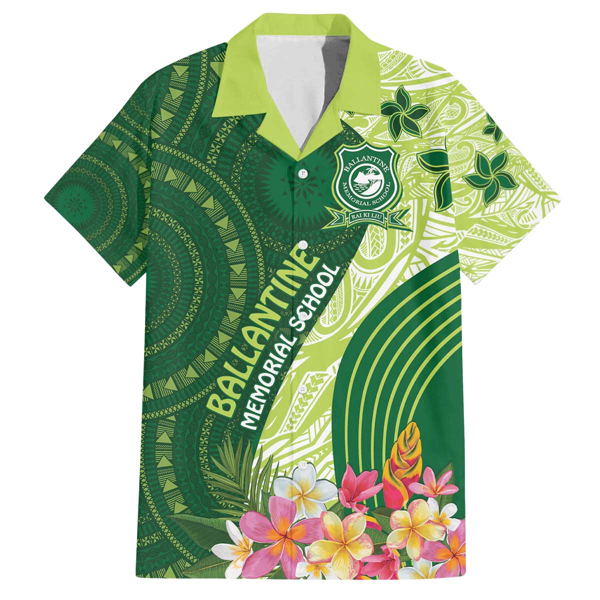 Fiji Ballantine Memorial High School Personalised Family Matching Puletasi and Hawaiian Shirt Masi Tapa Mix Plumeria LT7 Dad's Shirt - Short Sleeve Green - Polynesian Pride