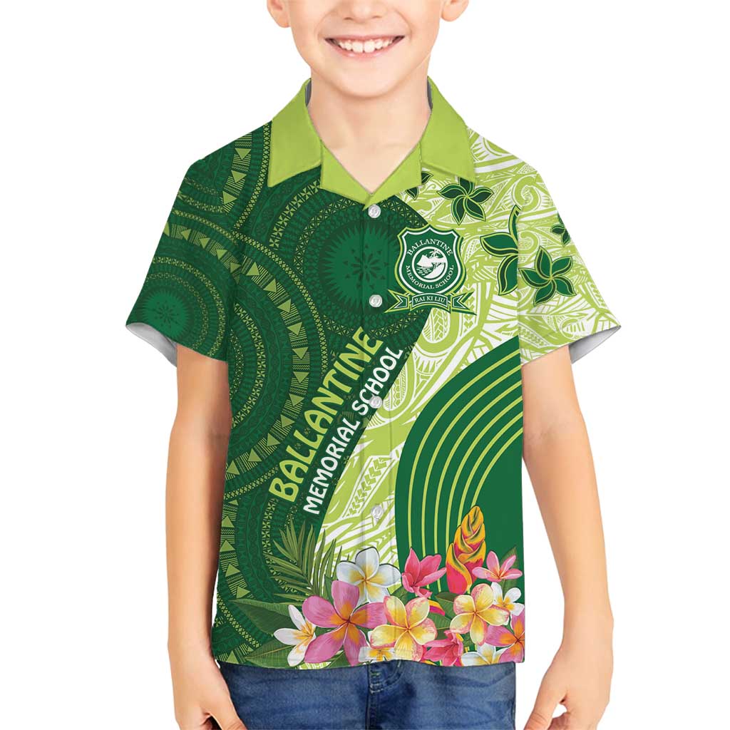Fiji Ballantine Memorial High School Personalised Family Matching Tank Maxi Dress and Hawaiian Shirt Masi Tapa Mix Plumeria LT7 Son's Shirt Green - Polynesian Pride