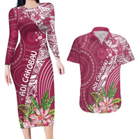 Fiji Adi Cakobau School Personalised Couples Matching Long Sleeve Bodycon Dress and Hawaiian Shirt Masi Tapa Mix Plumeria LT7 Maroon - Polynesian Pride