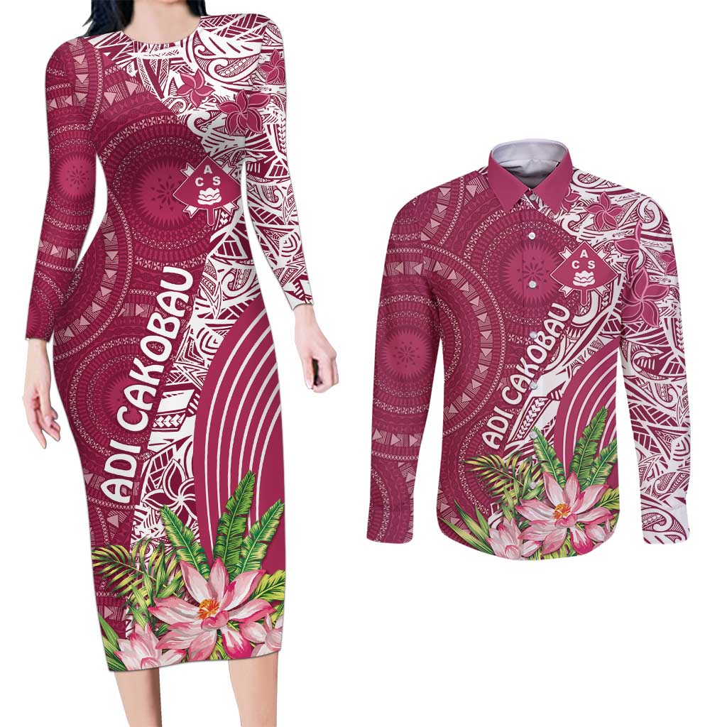Fiji Adi Cakobau School Personalised Couples Matching Long Sleeve Bodycon Dress and Long Sleeve Button Shirt Masi Tapa Mix Plumeria LT7 Maroon - Polynesian Pride