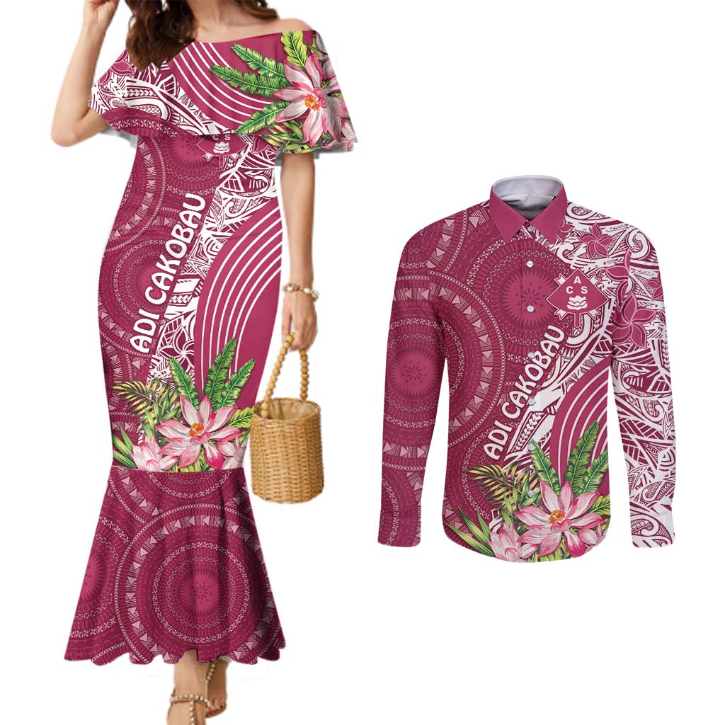 Fiji Adi Cakobau School Personalised Couples Matching Mermaid Dress and Long Sleeve Button Shirt Masi Tapa Mix Plumeria LT7 Maroon - Polynesian Pride