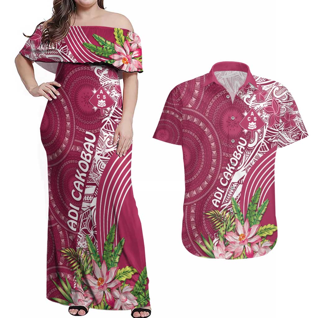 Fiji Adi Cakobau School Personalised Couples Matching Off Shoulder Maxi Dress and Hawaiian Shirt Masi Tapa Mix Plumeria LT7 Maroon - Polynesian Pride