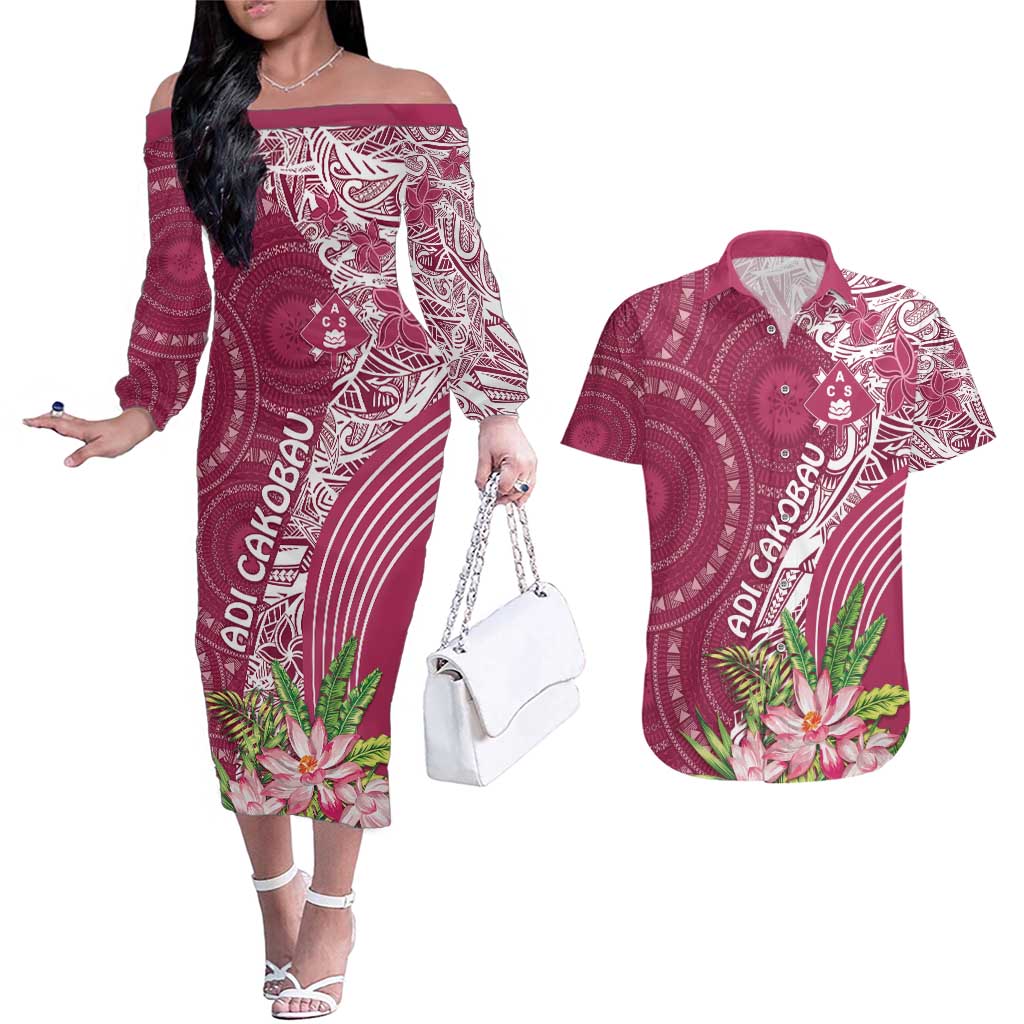 Fiji Adi Cakobau School Personalised Couples Matching Off The Shoulder Long Sleeve Dress and Hawaiian Shirt Masi Tapa Mix Plumeria LT7 Maroon - Polynesian Pride