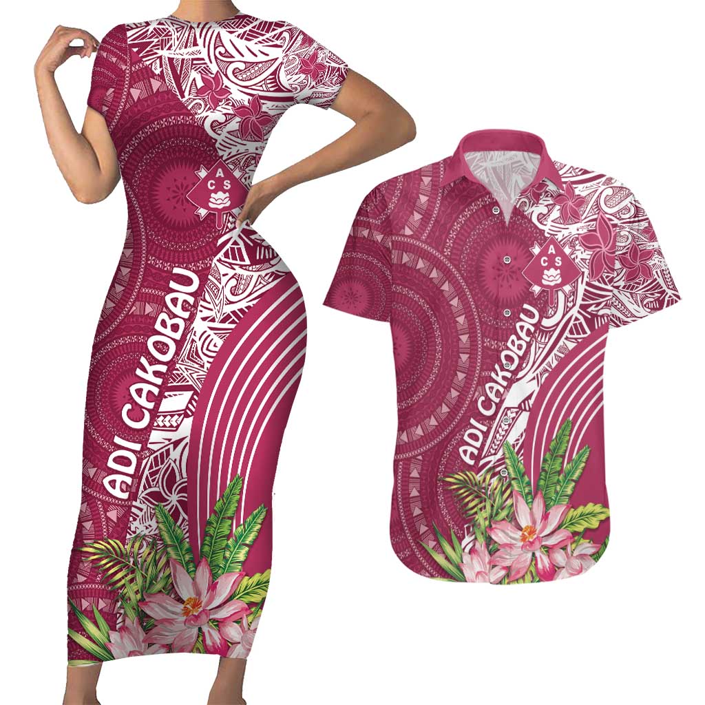 Fiji Adi Cakobau School Personalised Couples Matching Short Sleeve Bodycon Dress and Hawaiian Shirt Masi Tapa Mix Plumeria LT7 Maroon - Polynesian Pride