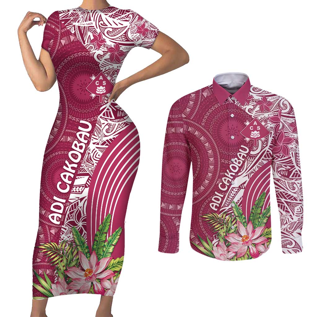 Fiji Adi Cakobau School Personalised Couples Matching Short Sleeve Bodycon Dress and Long Sleeve Button Shirt Masi Tapa Mix Plumeria LT7 Maroon - Polynesian Pride