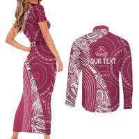 Fiji Adi Cakobau School Personalised Couples Matching Short Sleeve Bodycon Dress and Long Sleeve Button Shirt Masi Tapa Mix Plumeria LT7 - Polynesian Pride