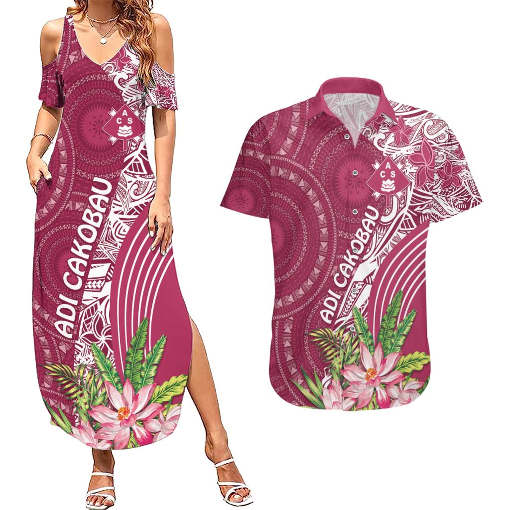 Fiji Adi Cakobau School Personalised Couples Matching Summer Maxi Dress and Hawaiian Shirt Masi Tapa Mix Plumeria LT7 Maroon - Polynesian Pride