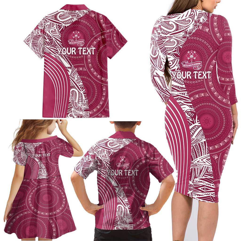 Fiji Adi Cakobau School Personalised Family Matching Long Sleeve Bodycon Dress and Hawaiian Shirt Masi Tapa Mix Plumeria LT7 - Polynesian Pride