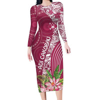 Fiji Adi Cakobau School Personalised Family Matching Long Sleeve Bodycon Dress and Hawaiian Shirt Masi Tapa Mix Plumeria LT7 Mom's Dress Maroon - Polynesian Pride