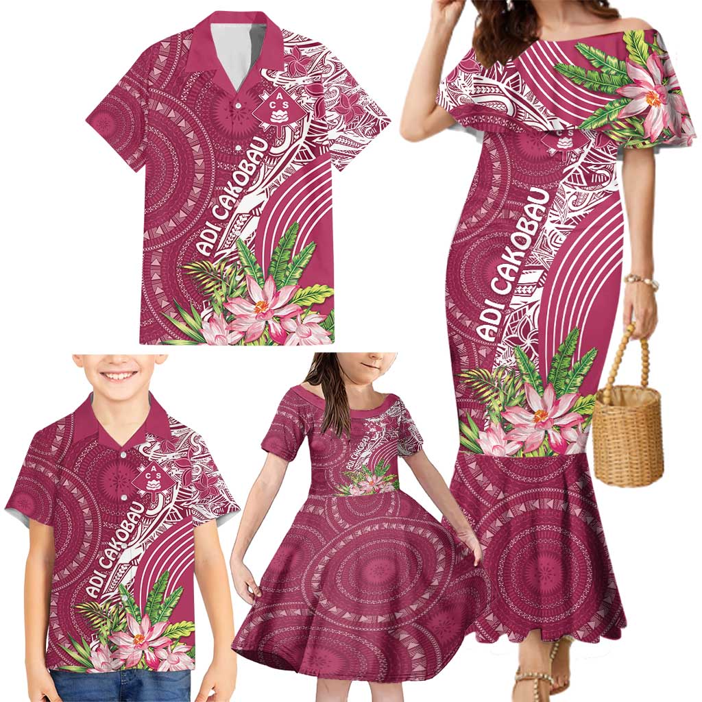 Fiji Adi Cakobau School Personalised Family Matching Mermaid Dress and Hawaiian Shirt Masi Tapa Mix Plumeria LT7 - Polynesian Pride