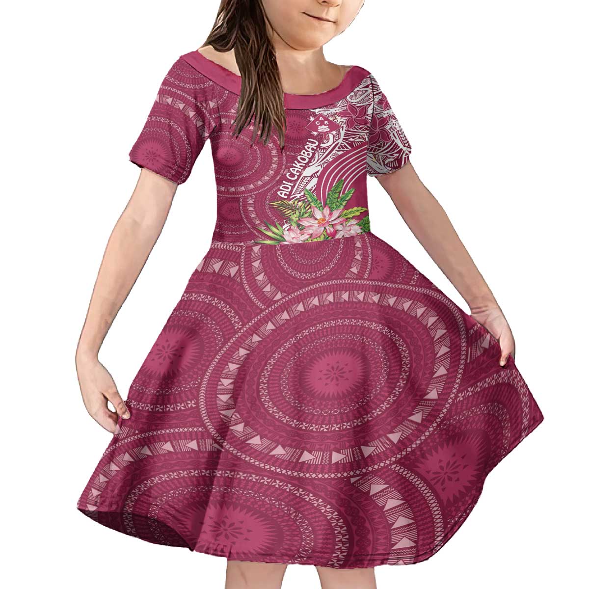Fiji Adi Cakobau School Personalised Family Matching Off The Shoulder Long Sleeve Dress and Hawaiian Shirt Masi Tapa Mix Plumeria LT7 Daughter's Dress Maroon - Polynesian Pride