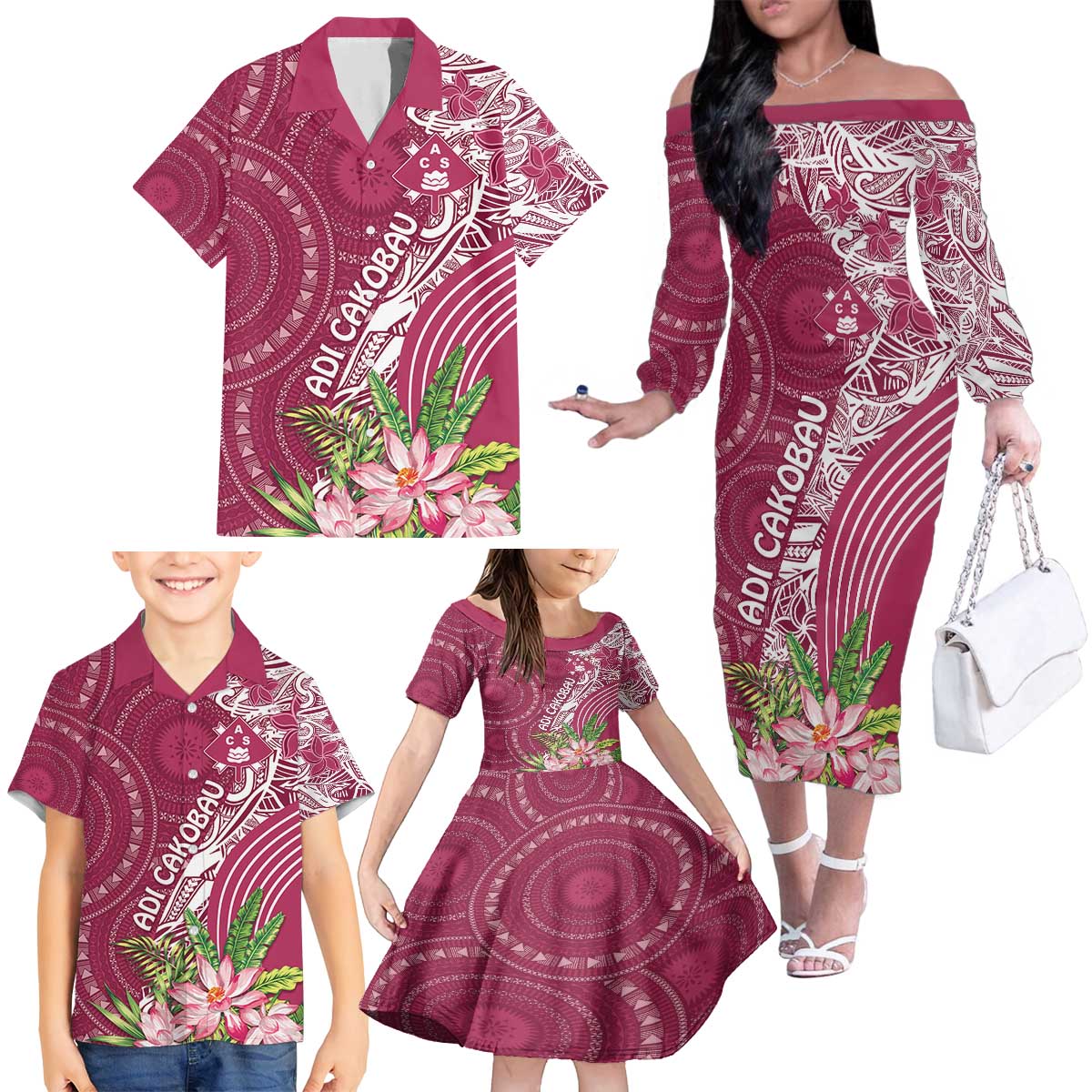 Fiji Adi Cakobau School Personalised Family Matching Off The Shoulder Long Sleeve Dress and Hawaiian Shirt Masi Tapa Mix Plumeria LT7 - Polynesian Pride