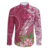 Fiji Adi Cakobau School Personalised Family Matching Off The Shoulder Long Sleeve Dress and Hawaiian Shirt Masi Tapa Mix Plumeria LT7 Dad's Shirt - Long Sleeve Maroon - Polynesian Pride