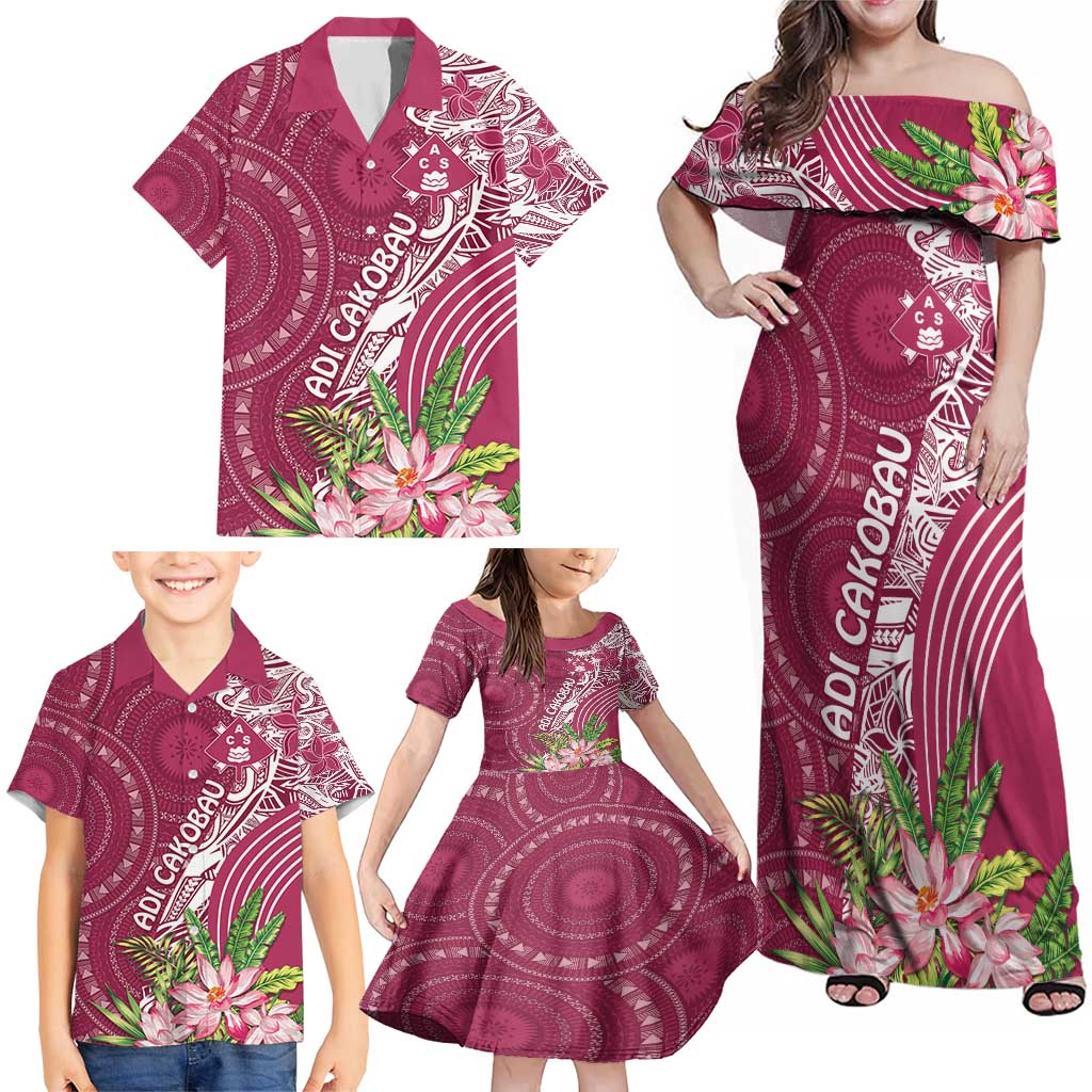 Fiji Adi Cakobau School Personalised Family Matching Off Shoulder Maxi Dress and Hawaiian Shirt Masi Tapa Mix Plumeria LT7 - Polynesian Pride