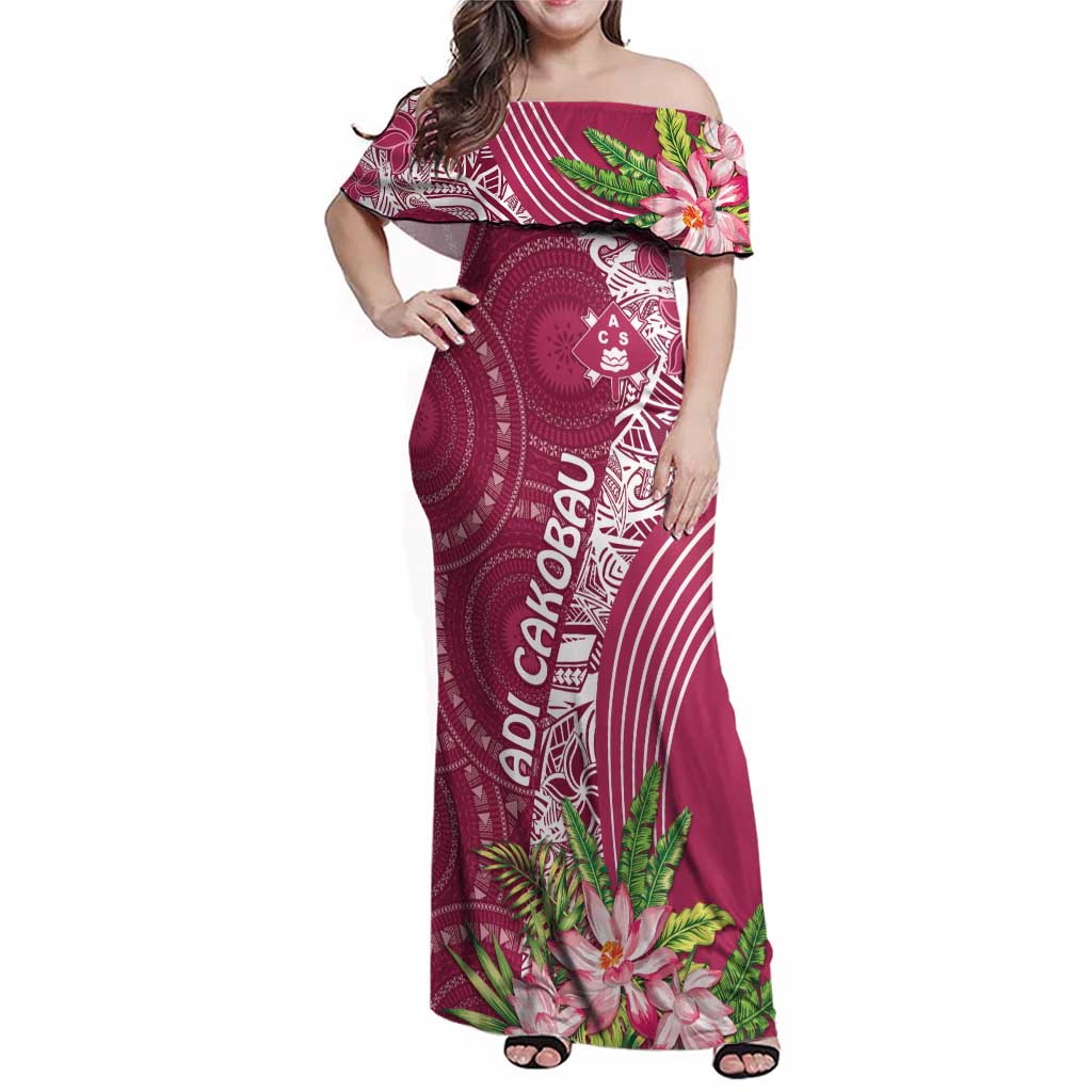 Fiji Adi Cakobau School Personalised Family Matching Off Shoulder Maxi Dress and Hawaiian Shirt Masi Tapa Mix Plumeria LT7 Mom's Dress Maroon - Polynesian Pride