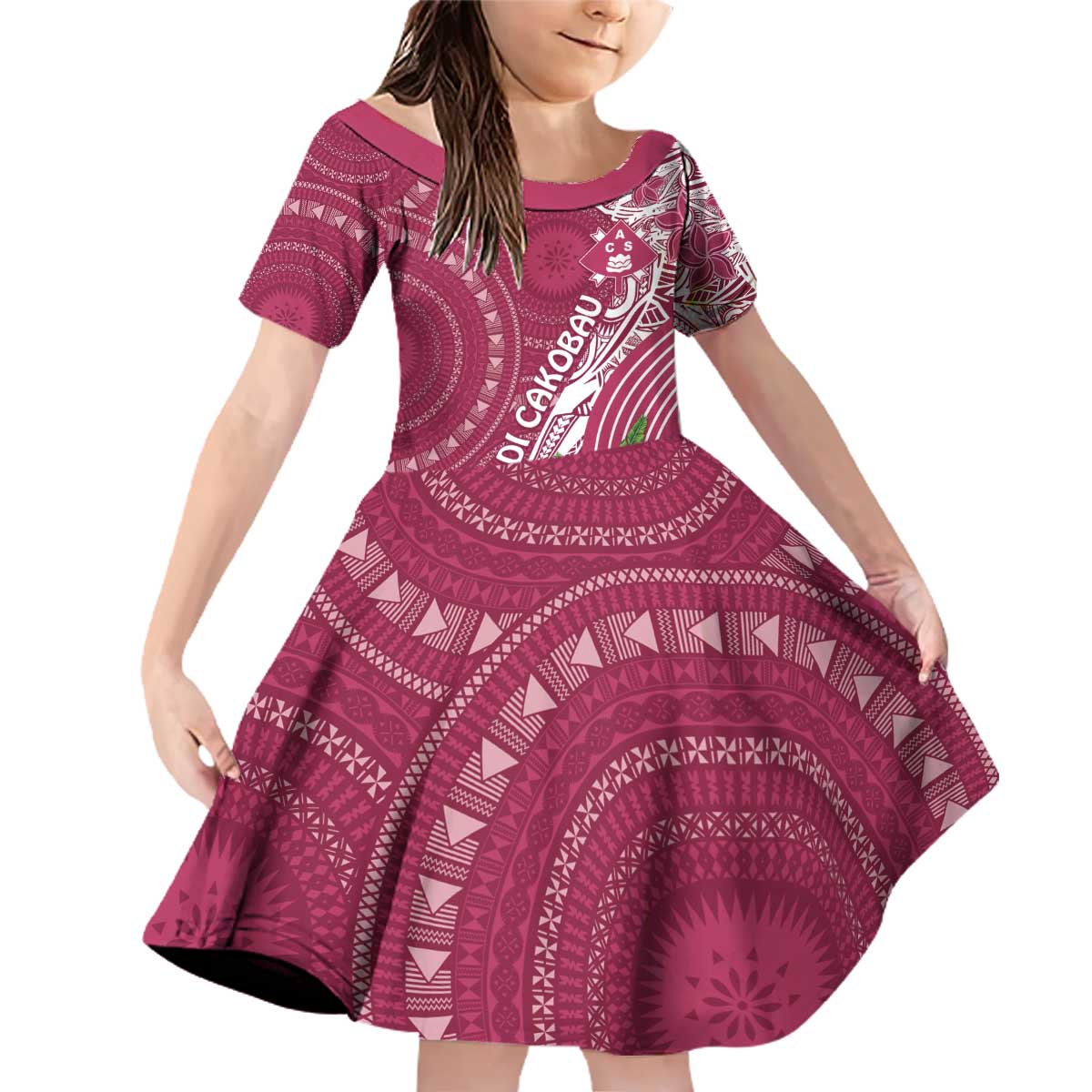 Fiji Adi Cakobau School Personalised Family Matching Off Shoulder Short Dress and Hawaiian Shirt Masi Tapa Mix Plumeria LT7 Daughter's Dress Maroon - Polynesian Pride