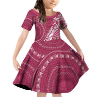 Fiji Adi Cakobau School Personalised Family Matching Off Shoulder Short Dress and Hawaiian Shirt Masi Tapa Mix Plumeria LT7 Daughter's Dress Maroon - Polynesian Pride