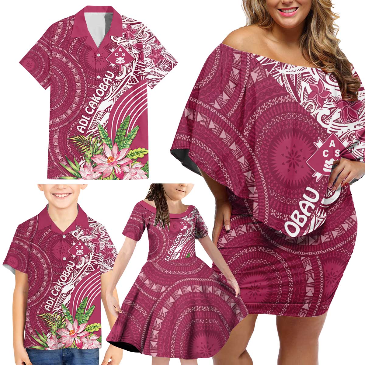 Fiji Adi Cakobau School Personalised Family Matching Off Shoulder Short Dress and Hawaiian Shirt Masi Tapa Mix Plumeria LT7 - Polynesian Pride