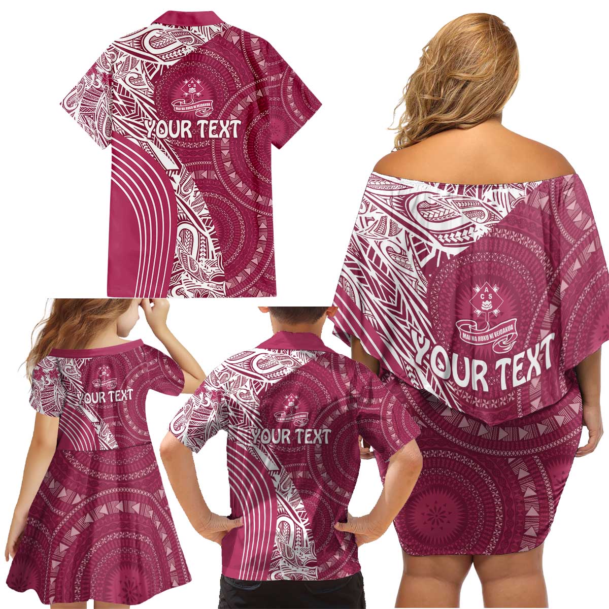 Fiji Adi Cakobau School Personalised Family Matching Off Shoulder Short Dress and Hawaiian Shirt Masi Tapa Mix Plumeria LT7 - Polynesian Pride