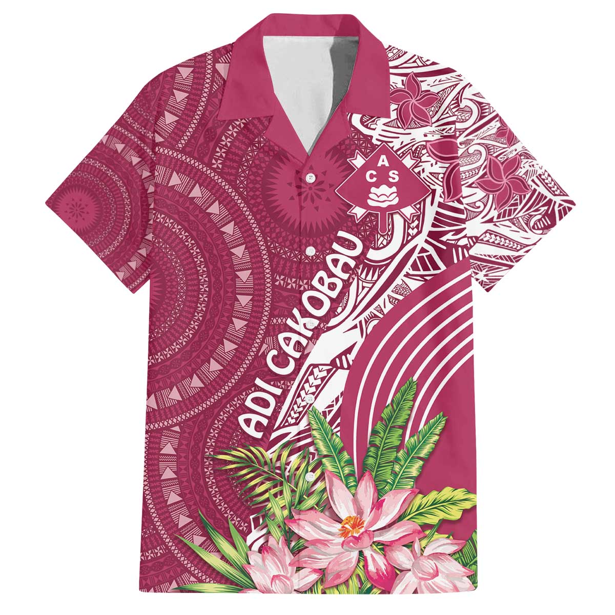Fiji Adi Cakobau School Personalised Family Matching Off Shoulder Short Dress and Hawaiian Shirt Masi Tapa Mix Plumeria LT7 Dad's Shirt - Short Sleeve Maroon - Polynesian Pride