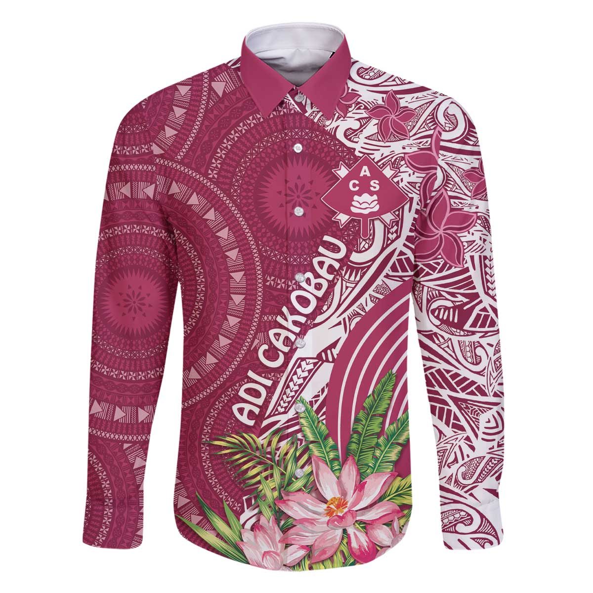 Fiji Adi Cakobau School Personalised Family Matching Off Shoulder Short Dress and Hawaiian Shirt Masi Tapa Mix Plumeria LT7 Dad's Shirt - Long Sleeve Maroon - Polynesian Pride