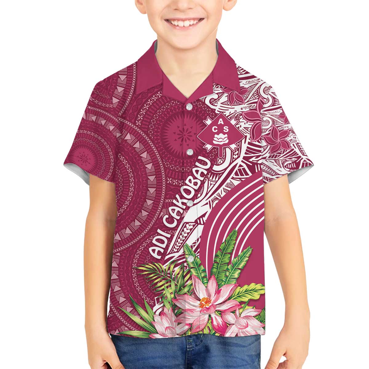 Fiji Adi Cakobau School Personalised Family Matching Off Shoulder Short Dress and Hawaiian Shirt Masi Tapa Mix Plumeria LT7 Son's Shirt Maroon - Polynesian Pride