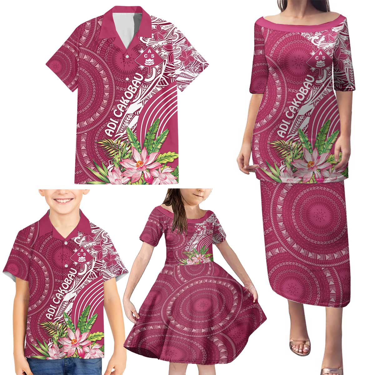 Fiji Adi Cakobau School Personalised Family Matching Puletasi and Hawaiian Shirt Masi Tapa Mix Plumeria LT7 - Polynesian Pride