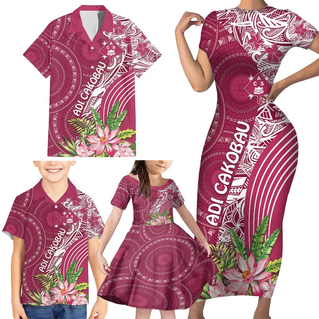 Fiji Adi Cakobau School Personalised Family Matching Short Sleeve Bodycon Dress and Hawaiian Shirt Masi Tapa Mix Plumeria LT7 - Polynesian Pride