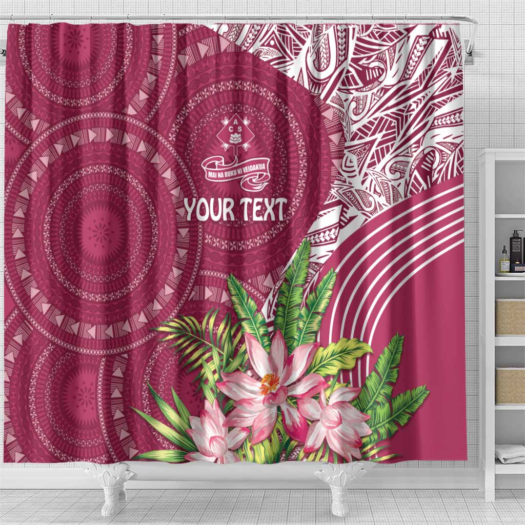 Fiji Adi Cakobau School Personalised Shower Curtain Masi Tapa Mix Plumeria