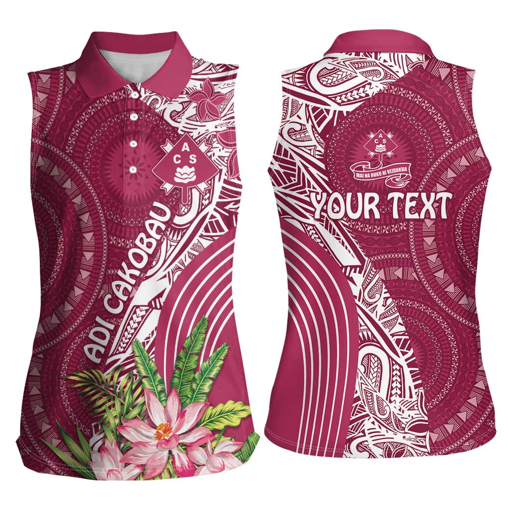 Fiji Adi Cakobau School Personalised Women Sleeveless Polo Shirt Masi Tapa Mix Plumeria
