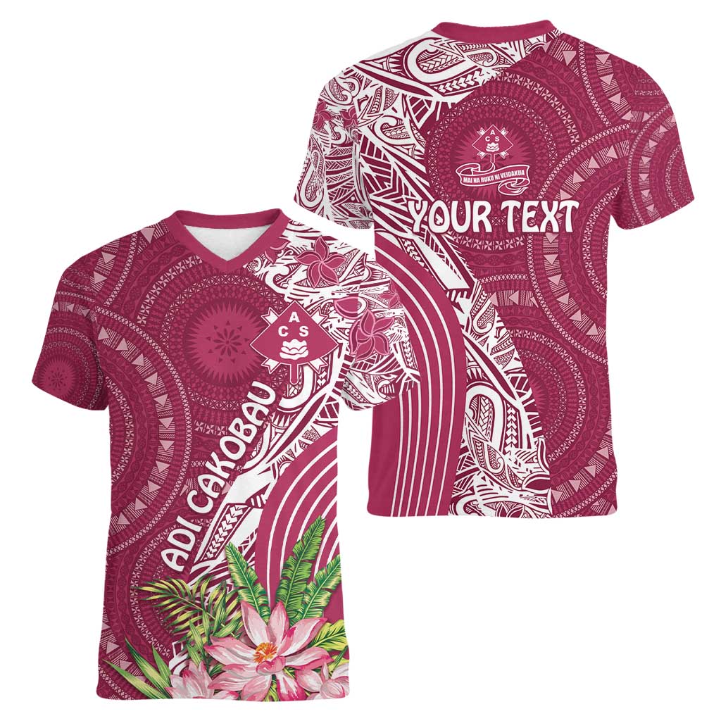 Fiji Adi Cakobau School Personalised Women V-Neck T-Shirt Masi Tapa Mix Plumeria