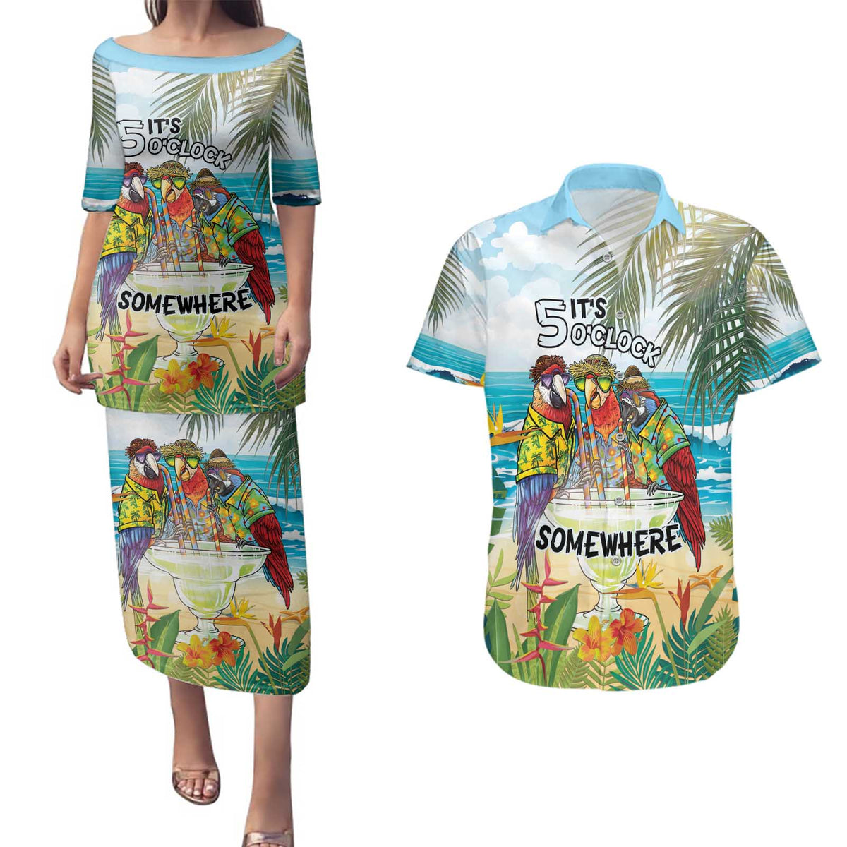 It's 5 o'clock Somewhere Couples Matching Puletasi and Hawaiian Shirt Beach Party - Polynesian Pride