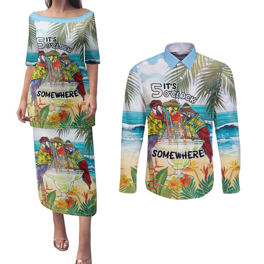 It's 5 o'clock Somewhere Couples Matching Puletasi and Long Sleeve Button Shirt Beach Party - Polynesian Pride