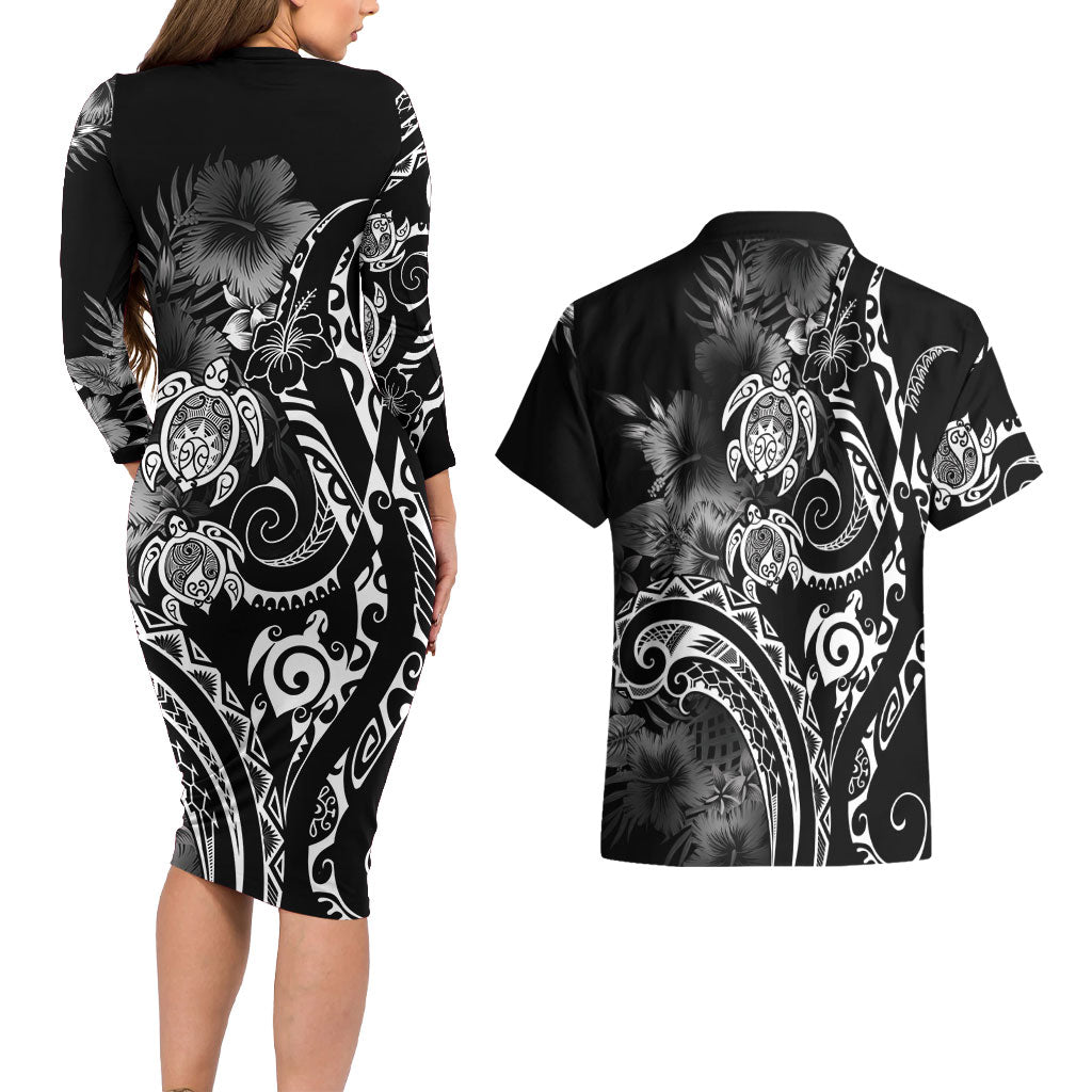 Aloha Hawaii Turtles Floral Couples Matching Long Sleeve Bodycon Dress and Hawaiian Shirt Obsidian Glaze