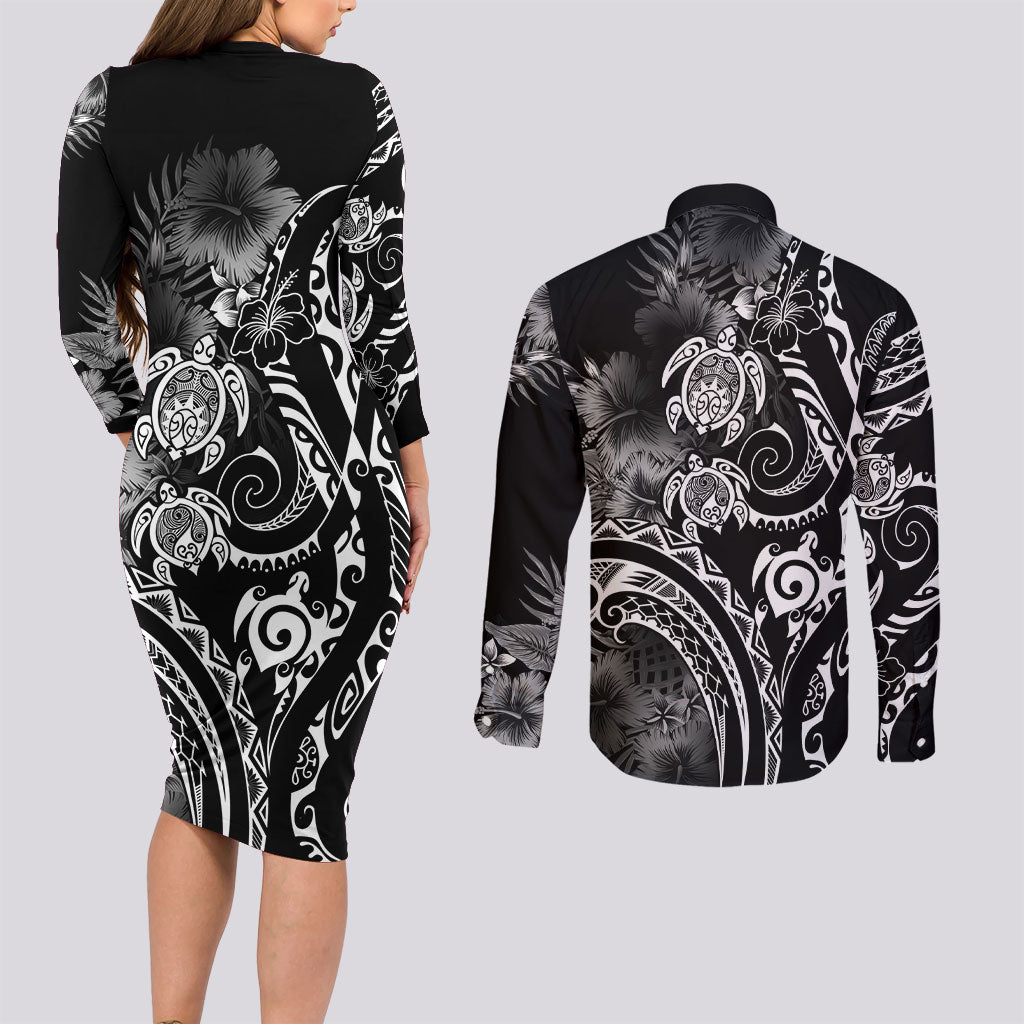 Aloha Hawaii Turtles Floral Couples Matching Long Sleeve Bodycon Dress and Long Sleeve Button Shirt Obsidian Glaze