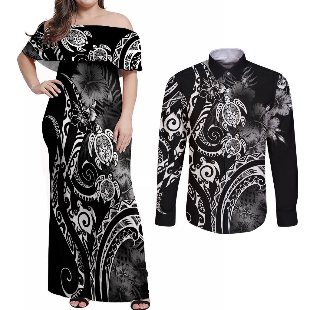Aloha Hawaii Turtles Floral Couples Matching Off Shoulder Maxi Dress and Long Sleeve Button Shirt Obsidian Glaze LT7 Black - Polynesian Pride