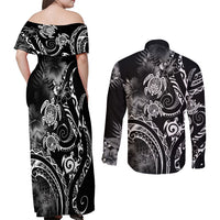 Aloha Hawaii Turtles Floral Couples Matching Off Shoulder Maxi Dress and Long Sleeve Button Shirt Obsidian Glaze